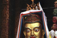 02 Padmasambhava Padmasambhava (Tib. Guru Rinpoche) was an Indian master who was invited to Tibet in 747 and introduced Tantric Buddhism to Tibet. He founded the Nyingmapa order at Samye monastery, with the first Buddhist monks being ordained around 767. He wears a magical crown-like red hat with a severe expression and curled moustache. In his right hand is a vajra (dorje), in his left is a white skullcap filled with nectar, jewels and a long-life vase, and in the bend in his elbow he supports a flaming trident with skull heads.